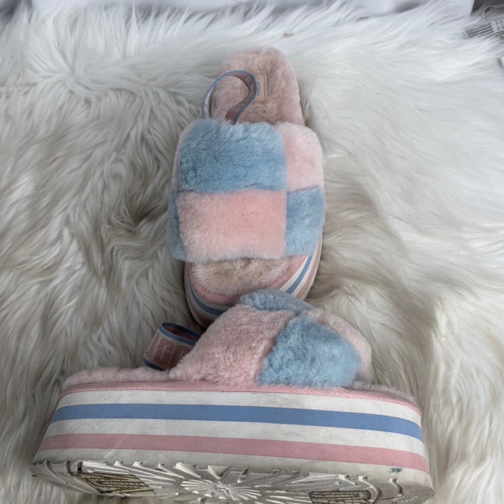 UGG Fluffita Pink Blue Checkerboard Platform Slingback Slides S/N 1135345 Size 5